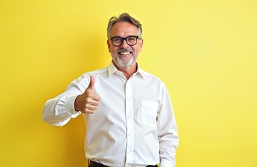 Elderly man in white shirt gives thumbs up gesture against yellow background. He has glasses, grey beard, and smiles. Represents approval, satisfaction, recommendation, and positive feedback.