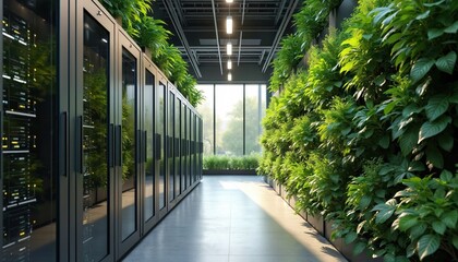 Modern data center integrates technology with nature, featuring rows of servers, indoor plants. Eco friendly design utilizes smart cooling systems, renewable energy, natural elements for efficient