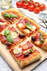 Tasty homemade pizza and ingredients on table, closeup