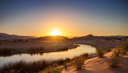 Obraz premium serene desert landscape with gently undulating sand dunes and a rocky hill under a bright sky two small plants add a touch of life to the vastness