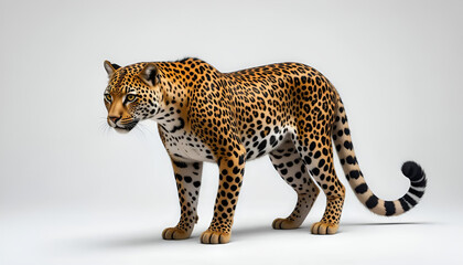 Fototapeta premium A leopard stands proudly against a white background, showing sharp spots and an intense gaze.
