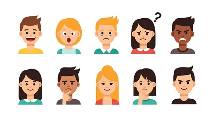 Flat cartoon avatar set with different facial expressions and moods.