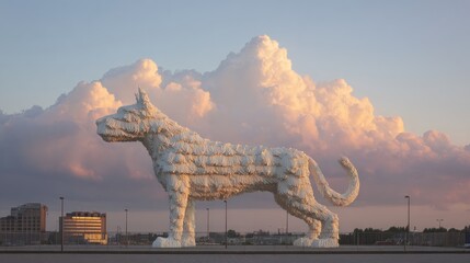 Large white dog statue against a dramatic sunset sky