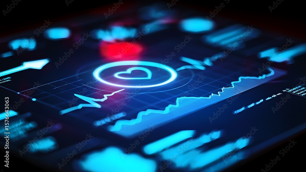 Poster luminous heart rate monitor display with oscillating waveform, close-up shot of advanced cardiac dia