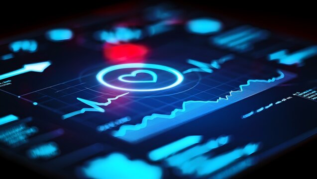 Luminous Heart Rate Monitor Display with Oscillating Waveform, Close-Up Shot of Advanced Cardiac Diagnostic Technology in Low Light Conditions