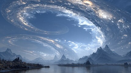 Alien landscape with swirling clouds