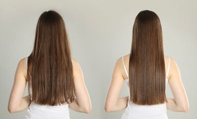 Before and after hair treatment. Woman on grey background, collage