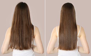 Fototapeta premium Hair combing, straightening. Woman showing hairstyle before and after different procedures on grey background, back view. Collage of photos
