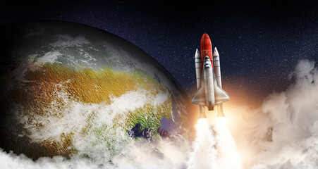 Rocket in space on orbit of planet, banner design