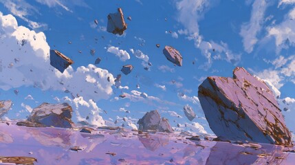 Floating rocks in a pink sky