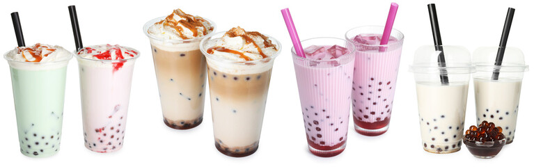 Bubble tea of different flavors on white background, set