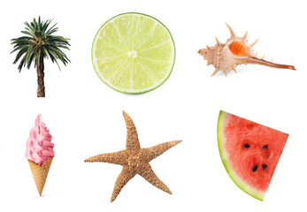Summer related stuff on white background, set