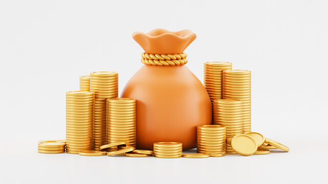 A 3D rendered illustration of a large brown money bag with a twisted golden rope tie at the top, surrounded by multiple stacks of golden coins .