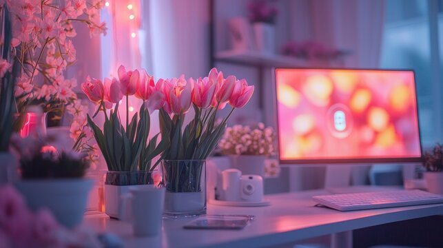 Cozy Workspace with Pink Tulips and Soft Lighting in Home Office