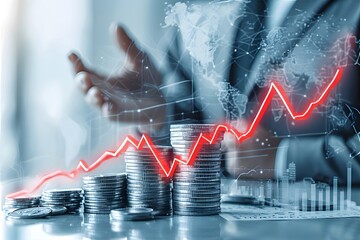 Stacked coins with a red line graph and a blurred figure in the background showing global finance