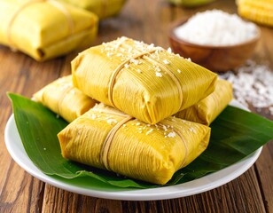 Several Pamonha, a sweet corn pudding wrapped in corn husks, a traditional Brazilian delicacy.