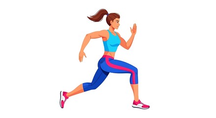 Flat cartoon woman running outdoors in athletic gear, fitness and health concept.
