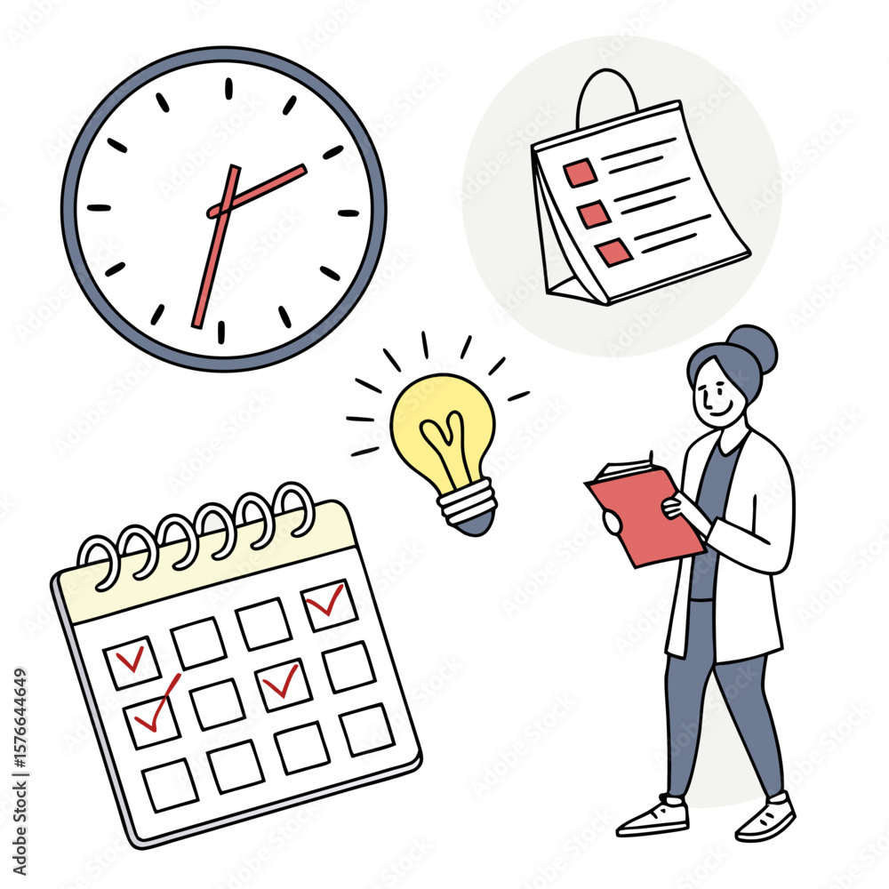 Poster a woman with a clipboard and a lightbulb symbolizing a new idea surrounded by a clock and a calendar