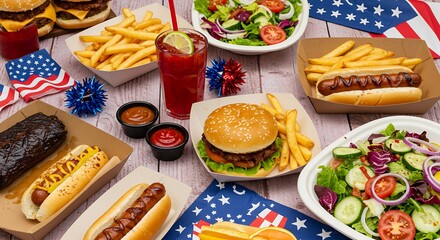 Close up of Patriotic Fourth of July BBQ Feast Burgers, Hot Dogs, and Sides serve on wooden table