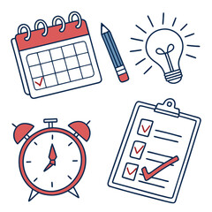 A collection of simple doodle icons representing planning time management ideas and tasks with checkmarks on a white background