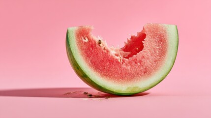 A bitten watermelon slice on a pink background