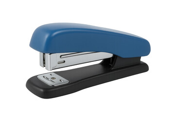 Blue and black stapler resting on a transparent background, ready for use in an office or school setting