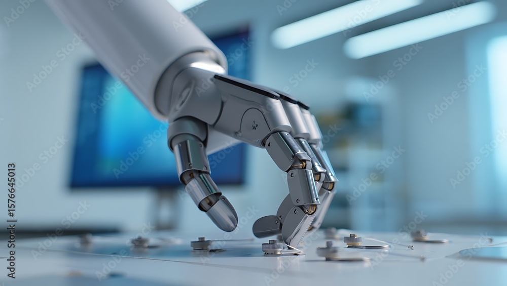 Poster robot hand touching a circuit board in a cleanroom, robotic arm working on electronic components wit