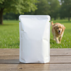 white dog food sachet on wood and golden retriever dog on grass walking towards food