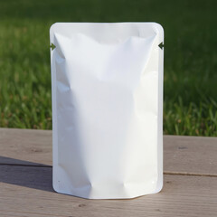dog food sachet on wood in a grassy yard