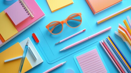Colorful Flat Lay of Stationery and Accessories on Bright Background