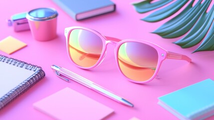 Stylish Pink Sunglasses on Vibrant Pink Surface with Office Supplies