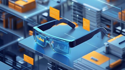 Futuristic Smart Glasses on Desktop Surrounded by Technology Elements