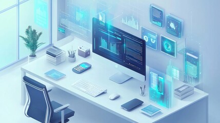 Modern Workspace with Computer and Data Visualization Elements