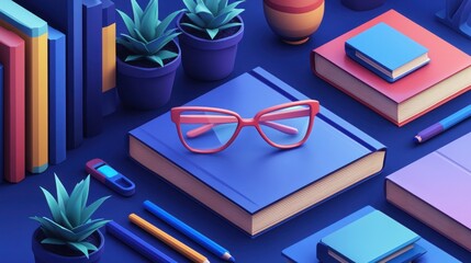 Colorful Workspace with Books, Plants, and Glasses on a Table