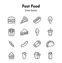Delicious Fast Food Icons: A comprehensive set of minimalist line icons, artfully depicting the enticing array of fast-food favorites for culinary-themed visual project.