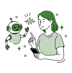 AI Assistant Communication: A woman interacts with an AI assistant on her phone, surrounded by glowing stars, indicating a friendly and intuitive interface.