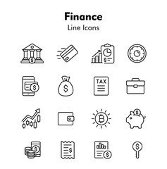 Finance Icons: Streamlined collection of line icons, representing banking, investment, and financial concepts, perfect for business, financial, and economic themes.