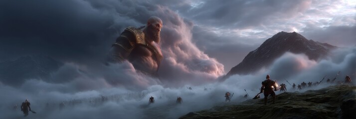 Epic warrior descending onto ethereal battlefield scene