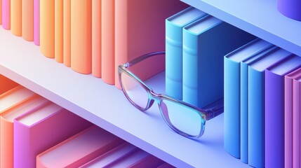 Colorful Bookshelf with Glasses and Vibrant Book Covers