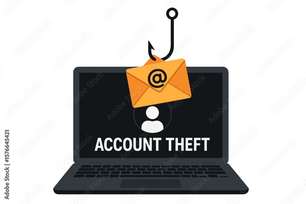 Poster phishing attack and account theft concept. laptop with email envelope on a fish hook. hacking and id