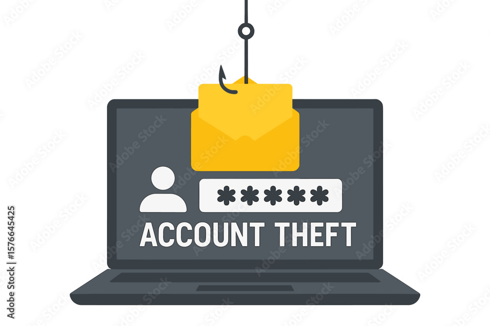 Poster account theft metaphor. email phishing scam and hacking attack concept. fishing hook stealing passwo
