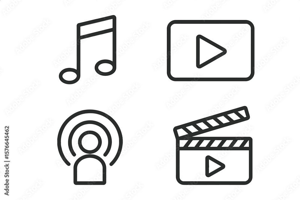 Poster audio video line icon set for web and mobile app design. music note, play button, podcast broadcast 