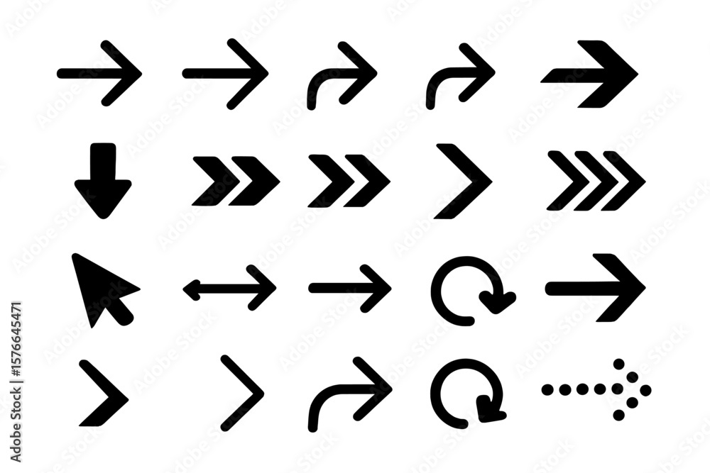 Fototapete Black vector arrows collection. Arrow icon set for web design, app and UI UX interface. Modern simple flat design. Next, back, down, refresh and cursor pointer symbols.