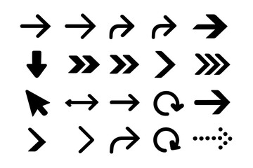 Black vector arrows collection. Arrow icon set for web design, app and UI UX interface. Modern simple flat design. Next, back, down, refresh and cursor pointer symbols.