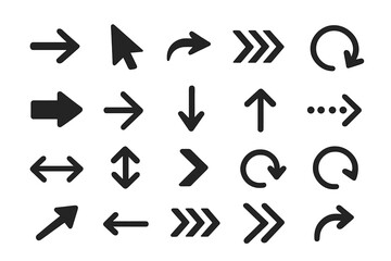 Black vector arrows collection. Big set of different arrow icons. Cursor and pointer symbols for navigation. Modern simple flat style for web design, app, UI, UX or infographic.