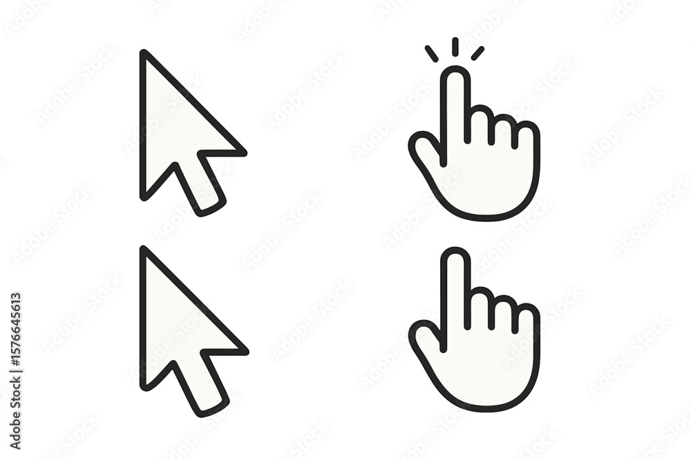 Poster Computer mouse cursor and hand pointer symbol set for web button design. Click icon collection. Arrow and finger press pictogram for website UI. Vector illustration isolated.