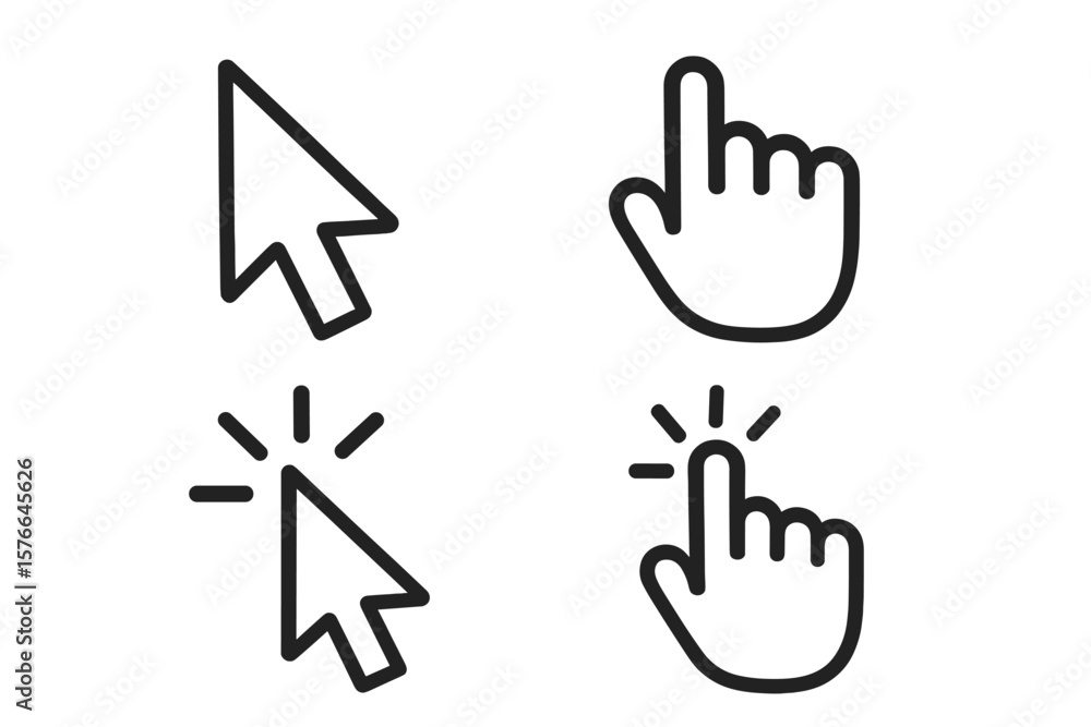 Fototapete Computer mouse cursor hand pointer icon set. Click press button symbol collection. Web design element. Arrow and finger tap gesture signs. Vector illustration for website UI UX.