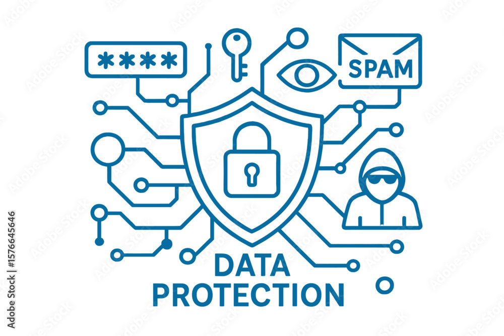 Poster data protection and network security concept with shield and lock. cybersecurity technology illustra