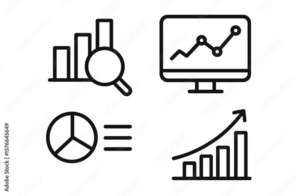 Poster data analysis and analytics icon set. line art style icons for business intelligence, marketing repo