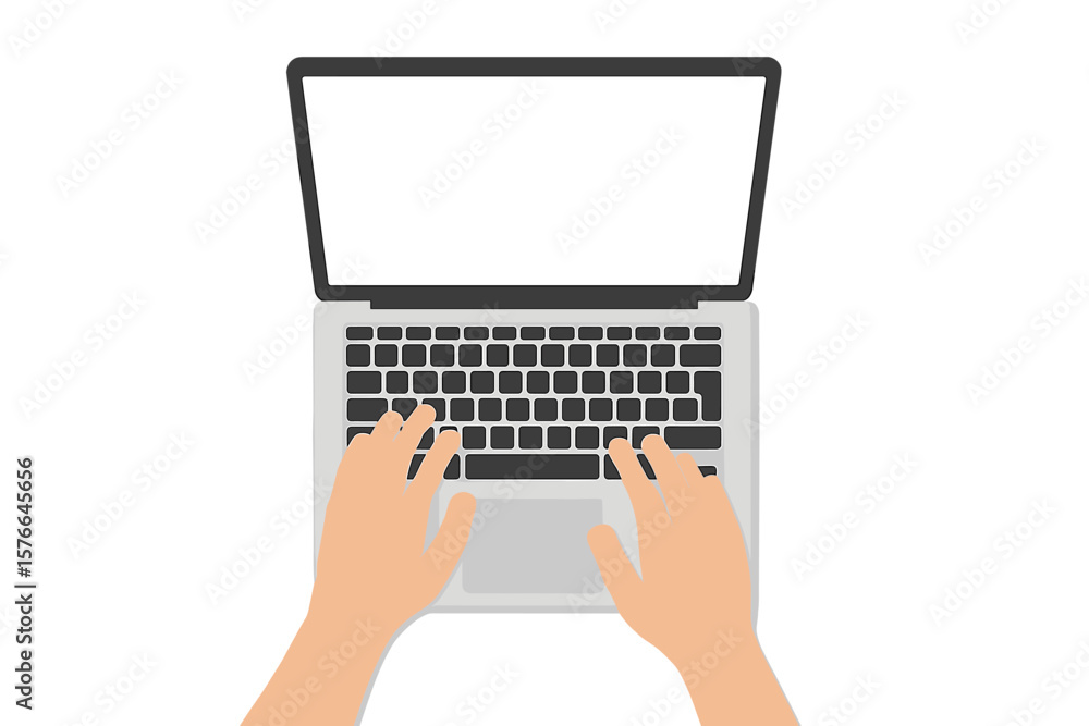Aufkleber hands typing on laptop keyboard with blank screen, top view. office desktop workspace concept. remot
